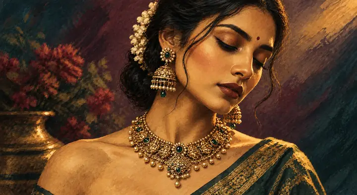 An artistic interpretation of the same portrait with gold jewelry