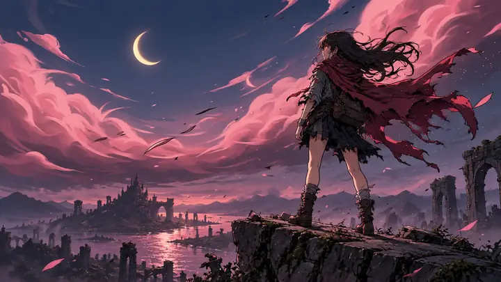 Anime character beneath pink clouds and a crescent moon