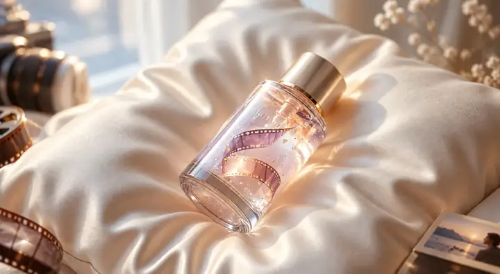 Glass product bottle on folds of soft ivory silk in natural light