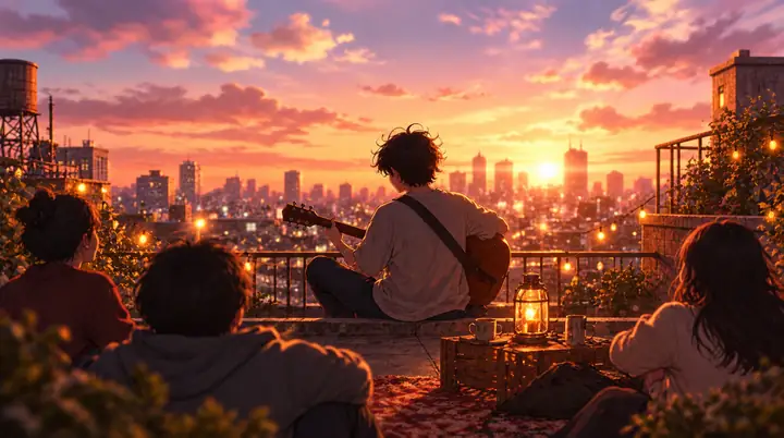 Expressive illustrated rooftop scene in warm sunset colors