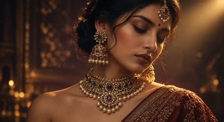 Portrait with warm light and elaborate gold jewelry