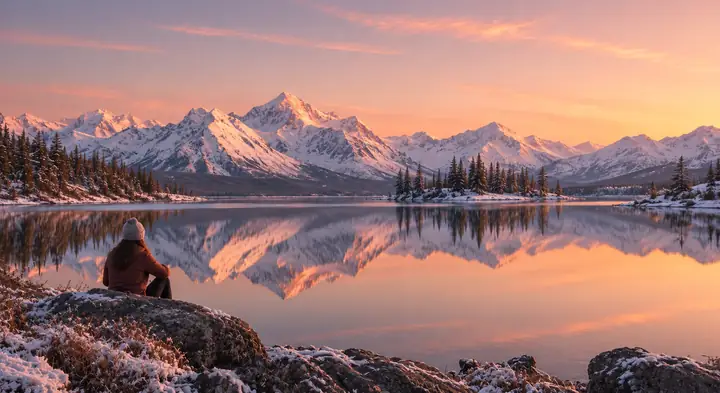Detailed snowy mountain landscape and a reflective alpine lake