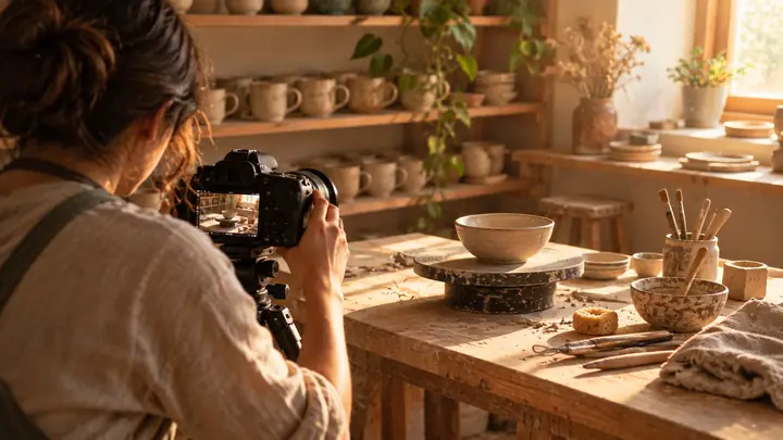 Sunlit pottery studio with warm textures and a calm creative atmosphere